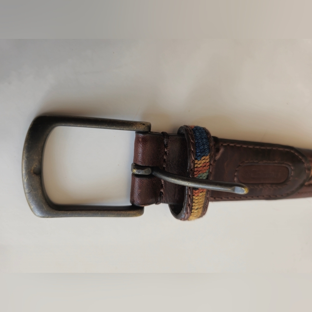 Columbia Men's Brown Leather Belt Multi Color Cotton Woven  Fabric Size 44 - Picture 6 of 17